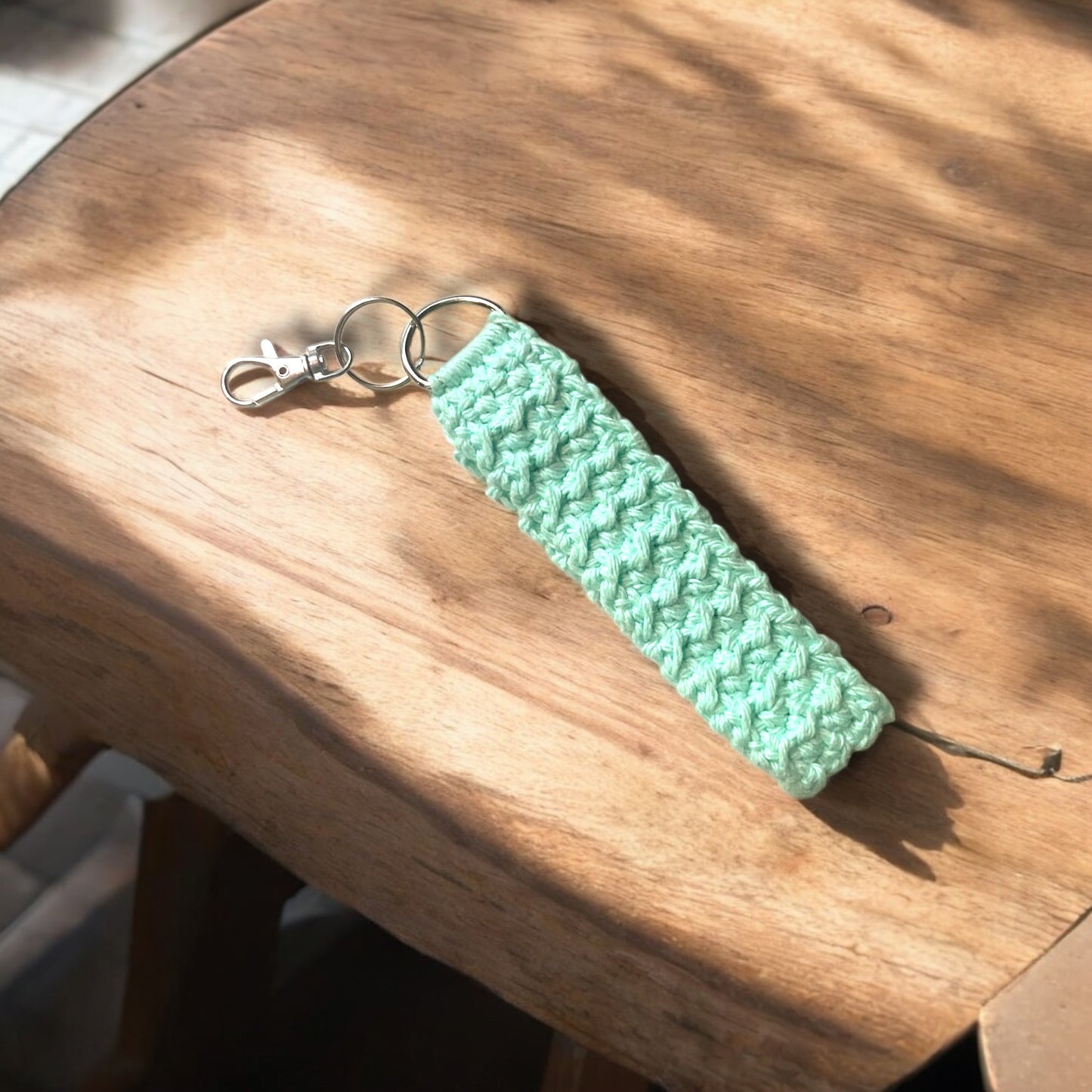 Handmade Crochet Keychain – Boho Aesthetic Keychain for Bags & Keys – Soft Cotton Keyring in Beige, White, Yellow, Turquoise & Brown
