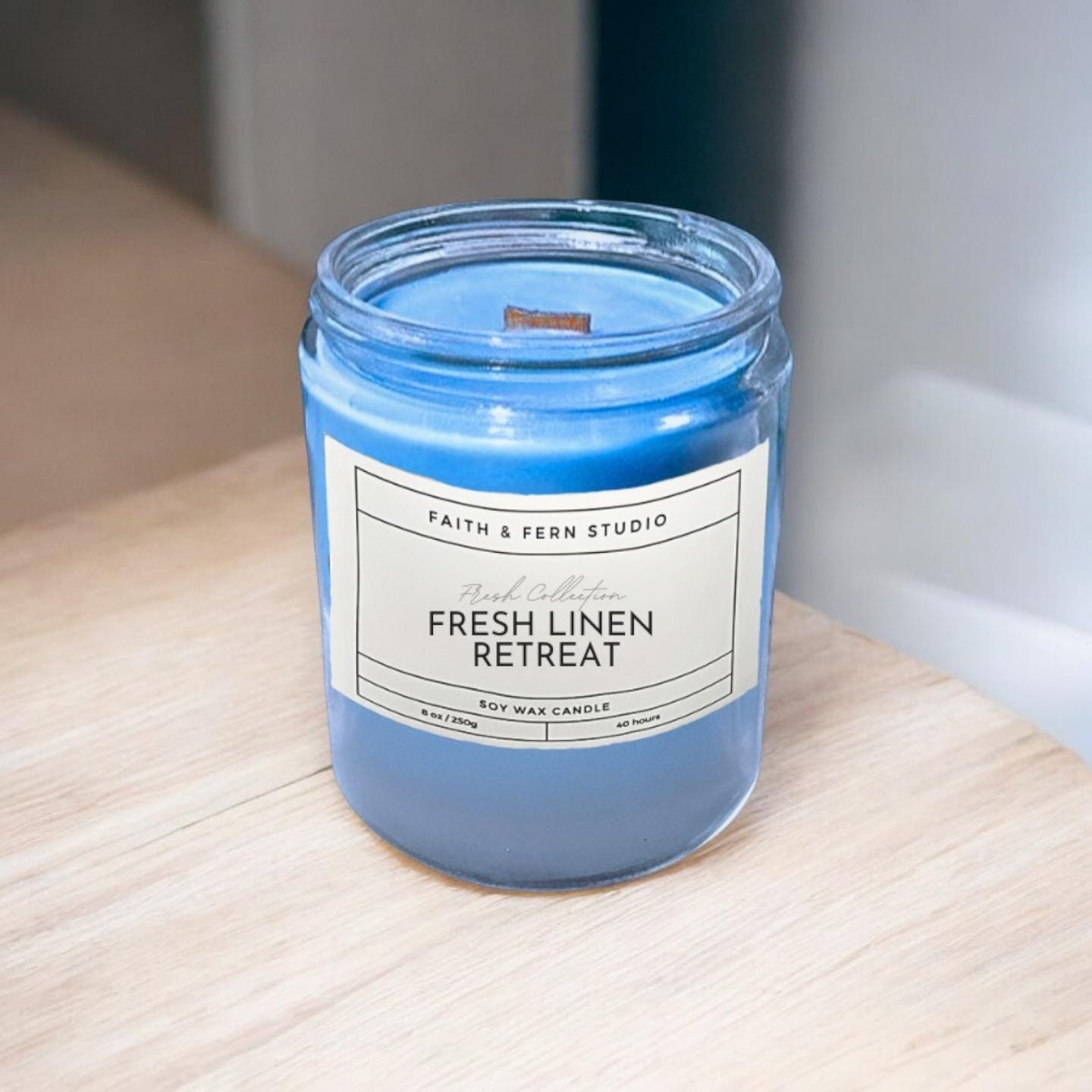 Fresh Linen Retreat Candle | 8 oz Soy Wax Candle with Wood Wick | Clean Linen Scent, Cozy & Refreshing