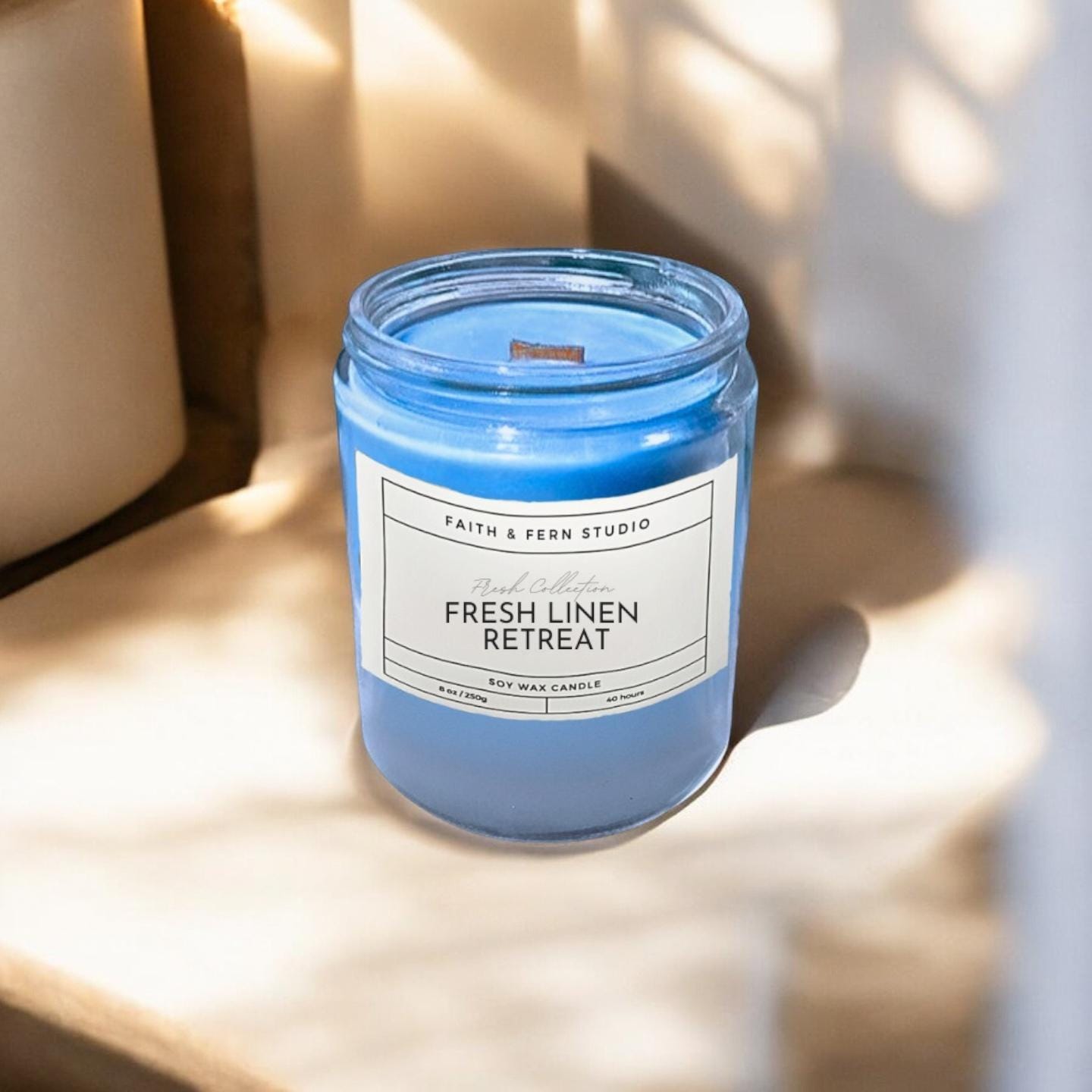 Fresh Linen Retreat Candle | 8 oz Soy Wax Candle with Wood Wick | Clean Linen Scent, Cozy & Refreshing