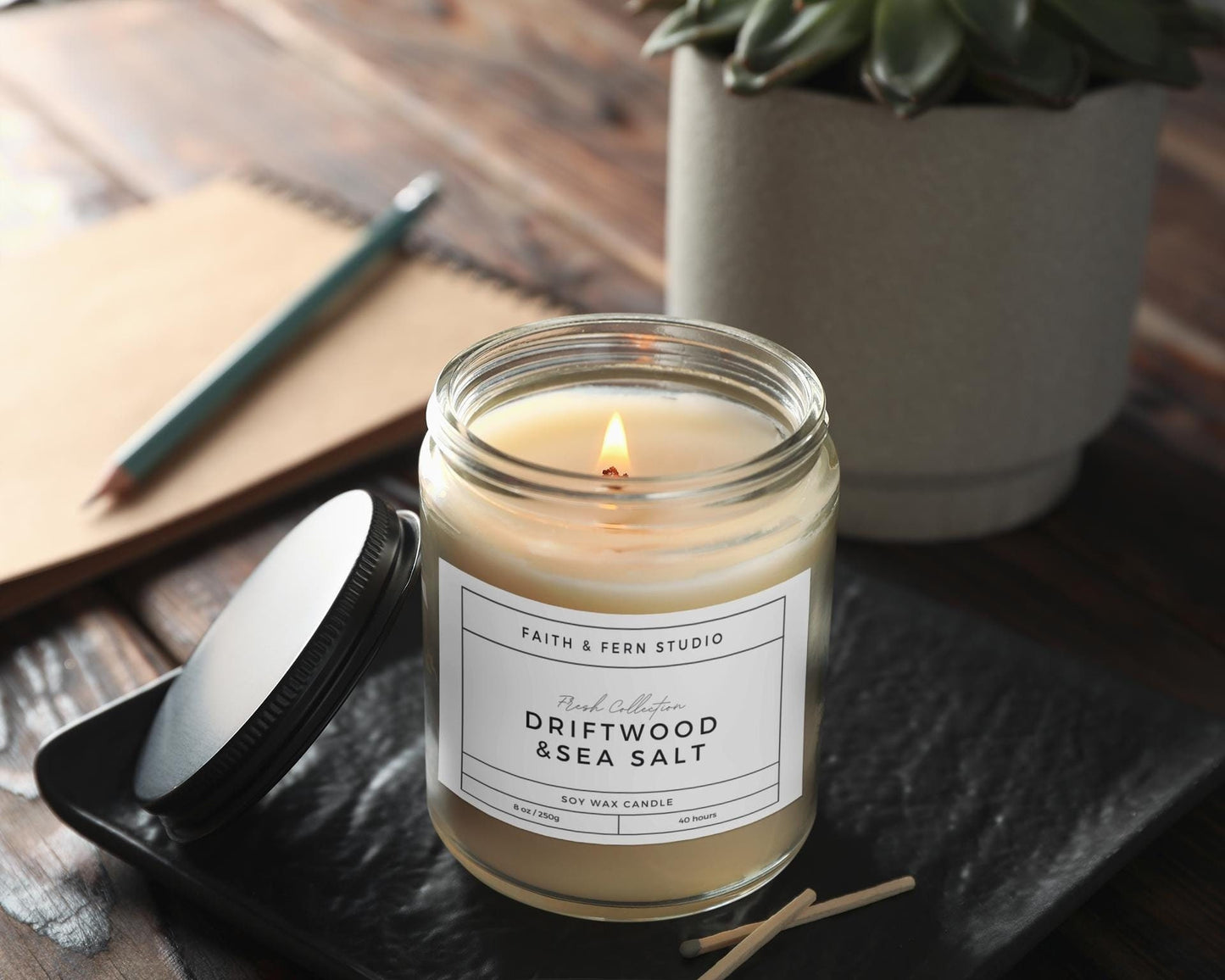 Driftwood & Sea Salt Candle | 8 oz Soy Wax Candle with Wood Wick | Coastal Fresh Scent | Toxin Free
