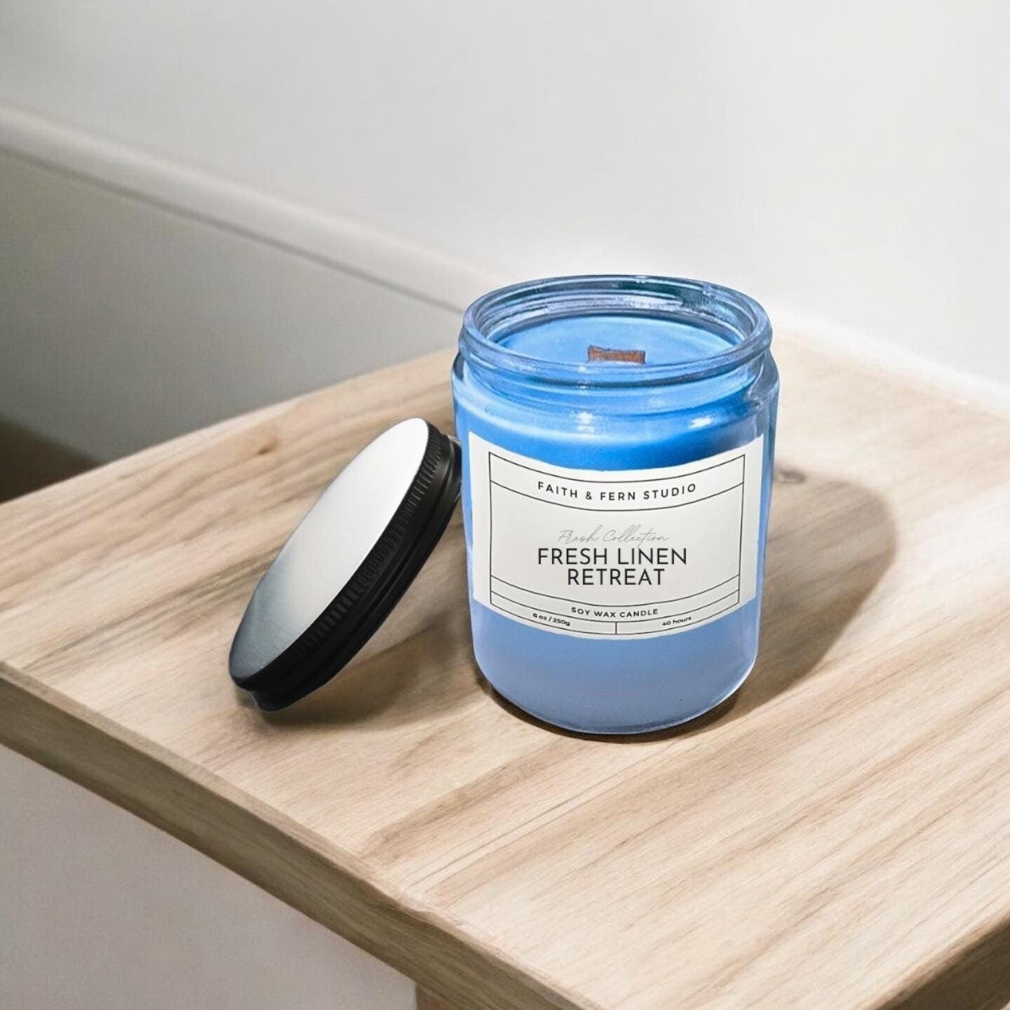 Fresh Linen Retreat Candle | 8 oz Soy Wax Candle with Wood Wick | Clean Linen Scent, Cozy & Refreshing