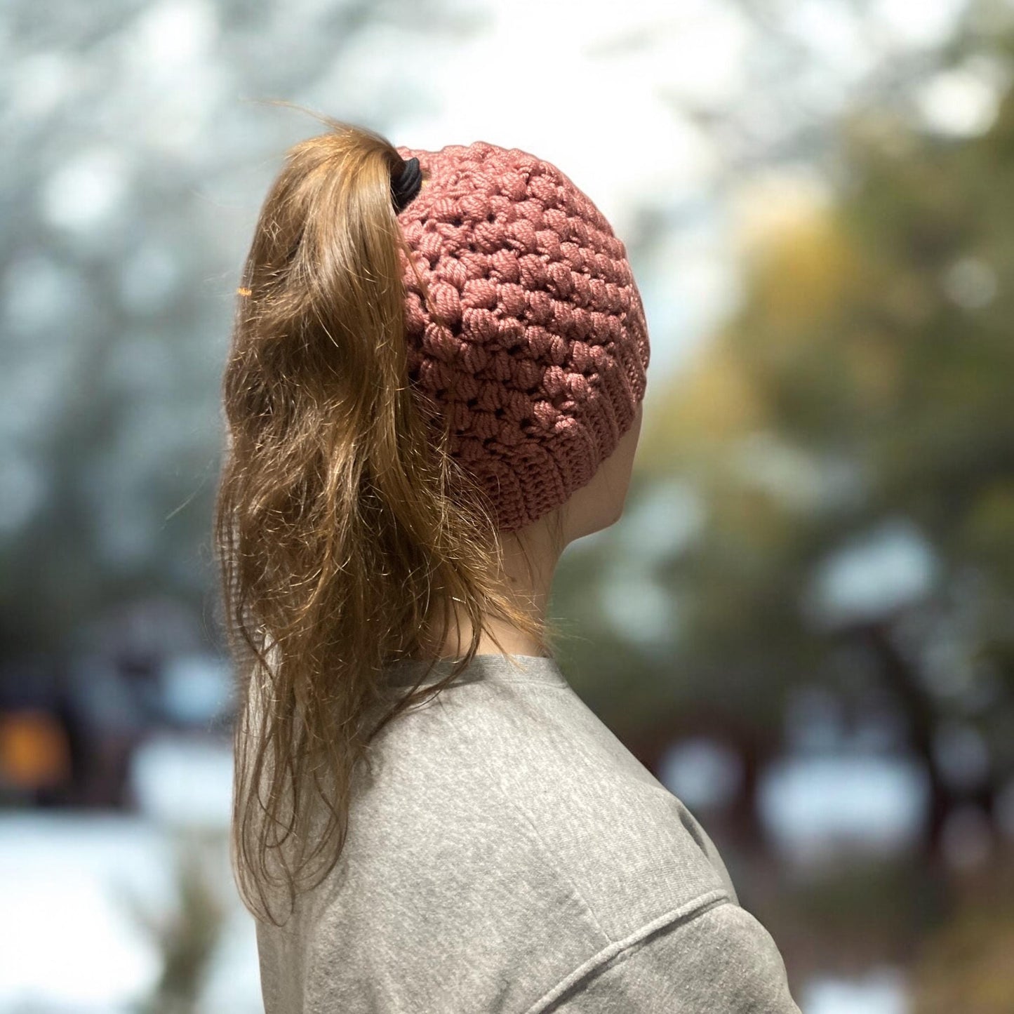Crochet Ponytail Beanie with Hole | Handmade Messy Bun Hat