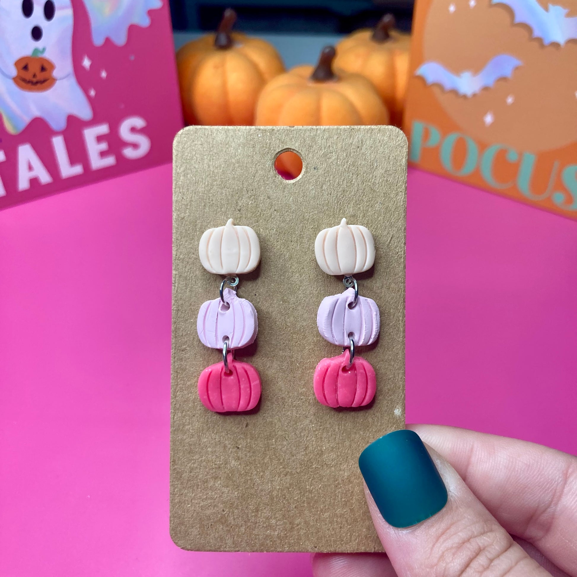 Pink fall, clay, pumpkin earrings, dangle earrings